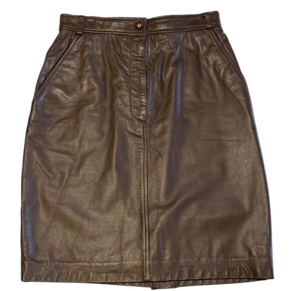 Vintage 80s Brown Leather Skirt Size 8 Zip Up Pockets Straight Lined Knee Length - Picture 1 of 9